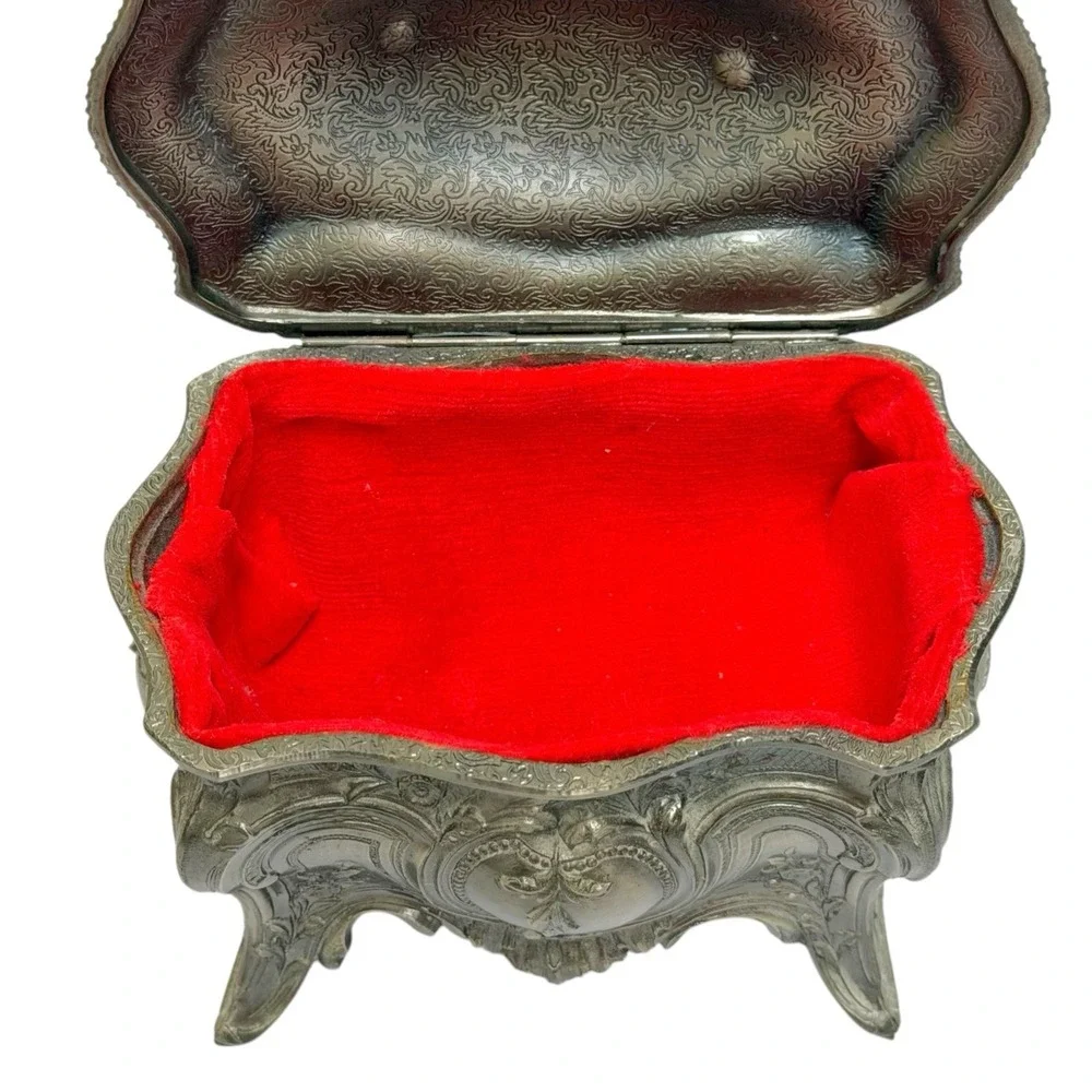 Vintage Pewter Intricate Floral Jewelry Casket Box Ornate Victorian Design Japan